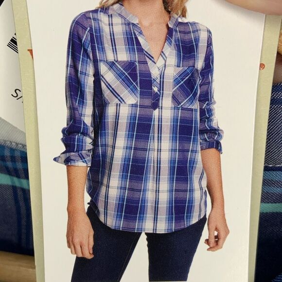 Blue Flannel Half Button-Up Top - Picture 1 of 5